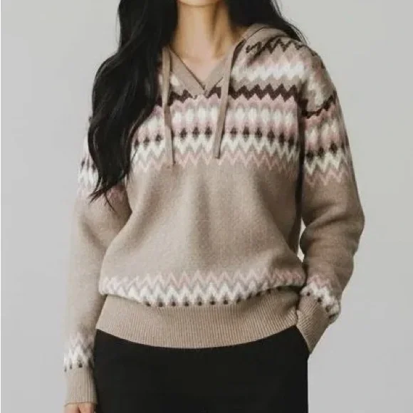 NWT Rachel Zoe Tan and Pink V-Neck hooded Sweater sz XL - Picture 1 of 6